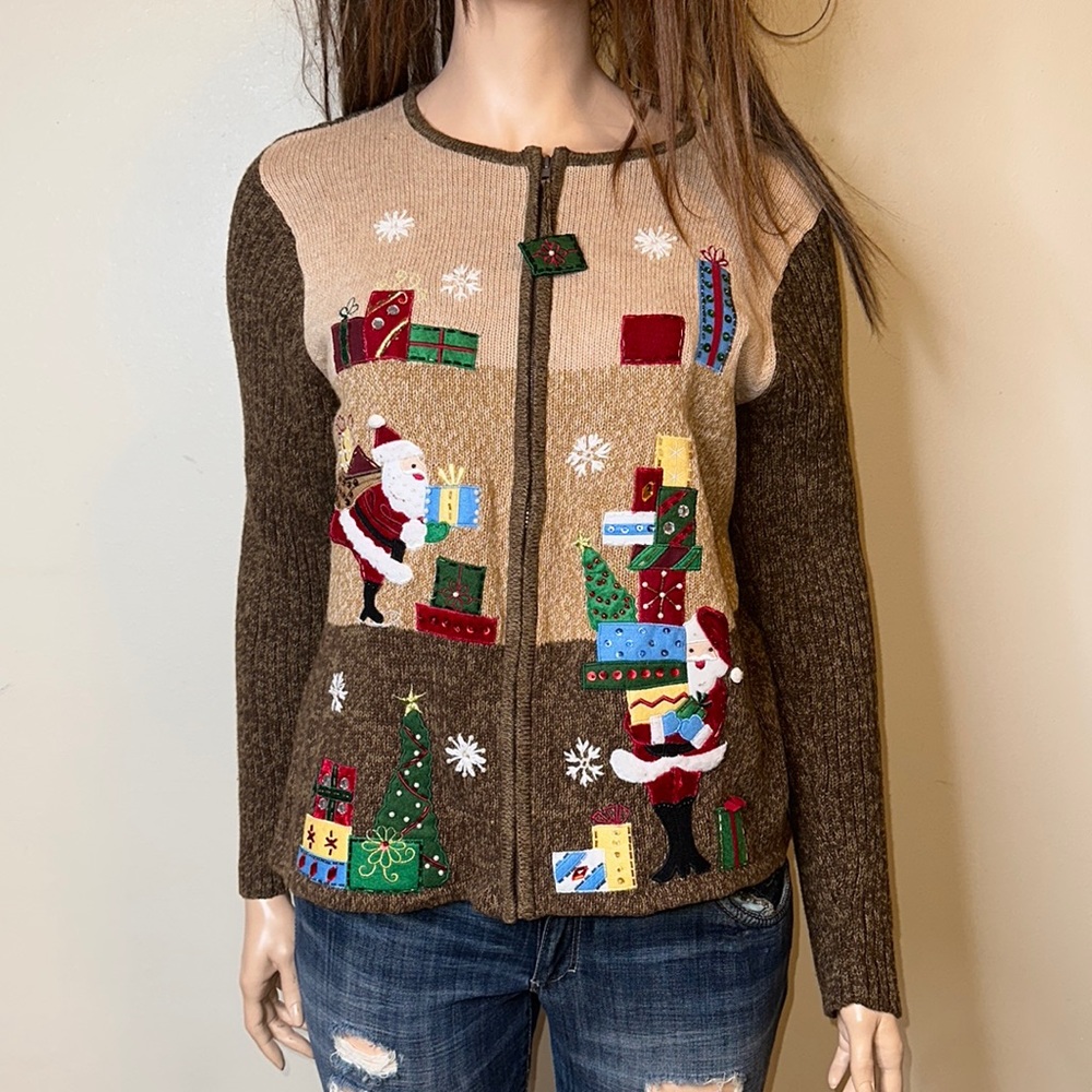 Tiara International Christmas Cardigan Ugly Sweater Core Sweater Size 2X Brown